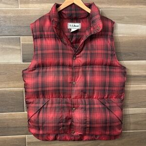 Vintage LL Bean Red and Black Plaid Goose Down Puffer Vest Size Medium Tall 90s